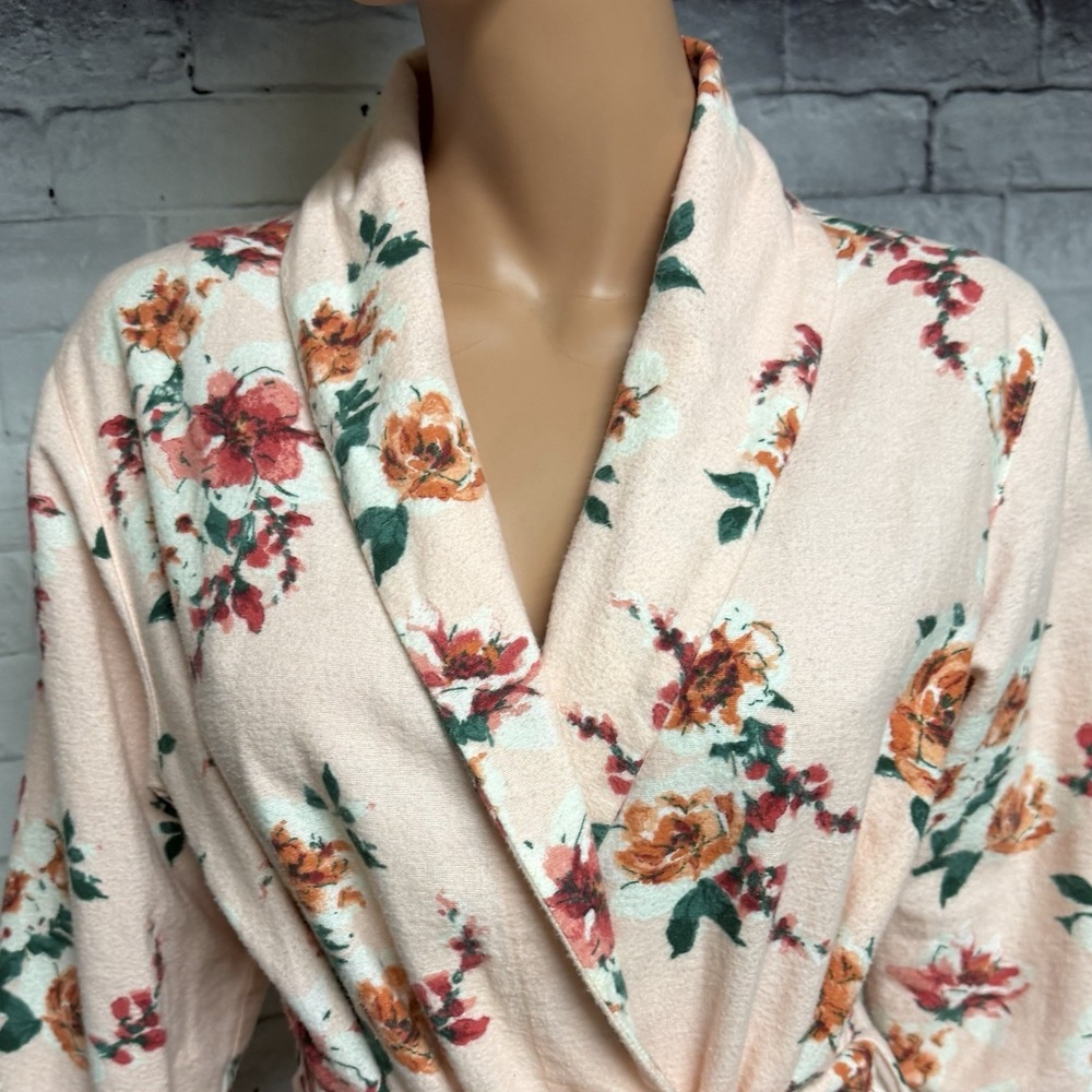 Garnet Hill Robe XS Orange Floral Organic Cotton Heritage Flannel Pockets Cozy - Picture 4 of 13